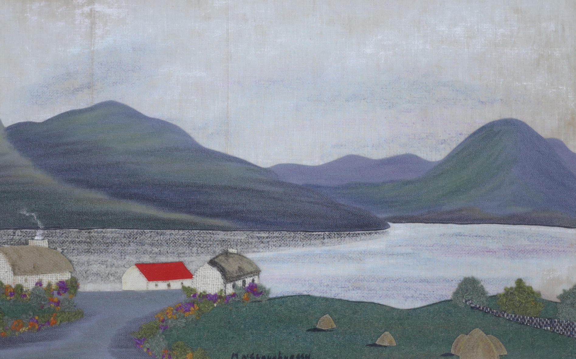 M O’Shaughnessy (Irish), pair of felt and collages, Mountainous river landscapes, each signed, 35 x 55cm